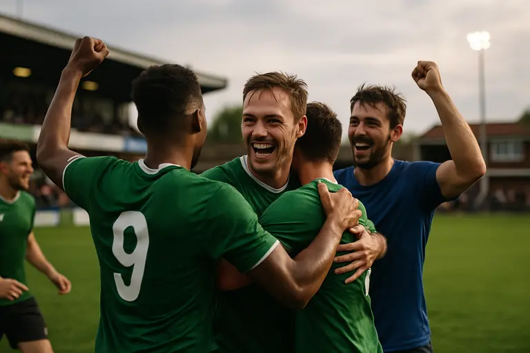 Players celebrating after a match at a compact football venue