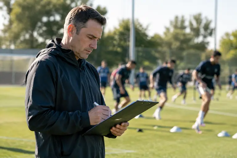 Soccer coach and staff members reviewing notes near the technical area